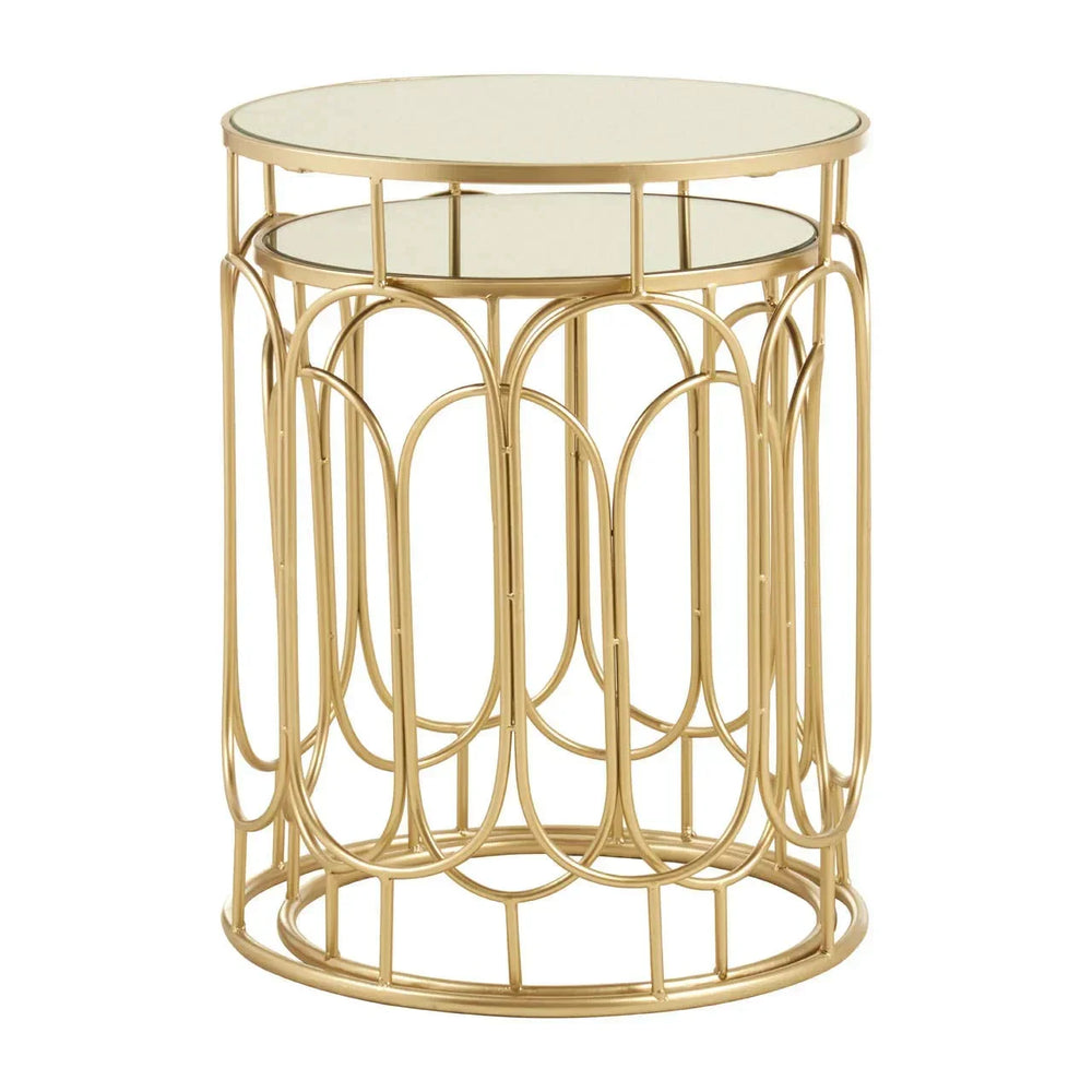 Gold metal side table with mirrored top and geometric openwork base