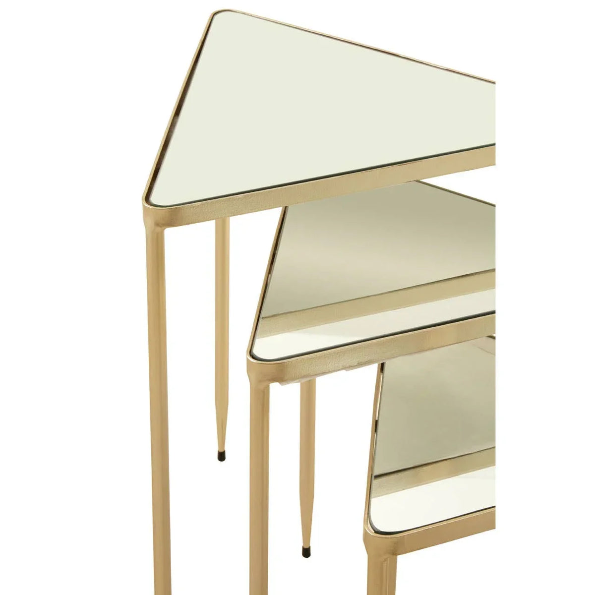 Gold mirrored nesting tables with triangular tops and slim legs
