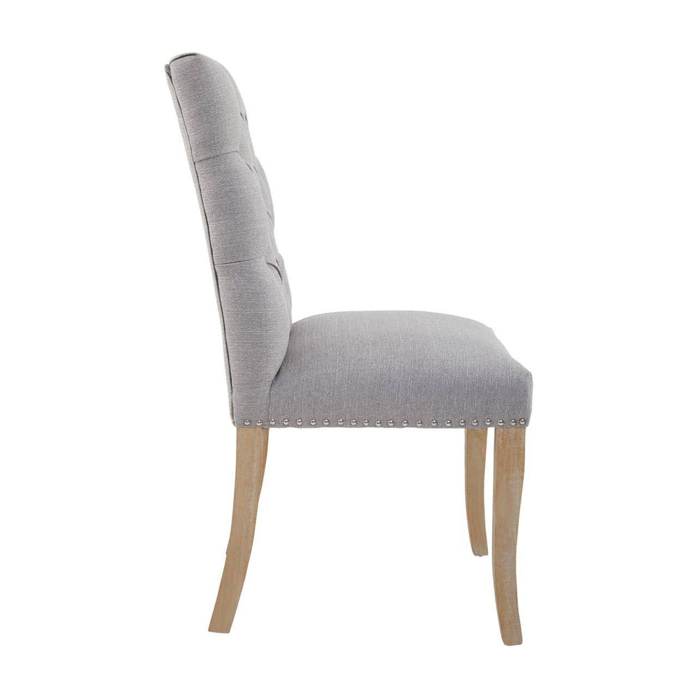 Grey upholstered dining chair with wooden legs, side profile view