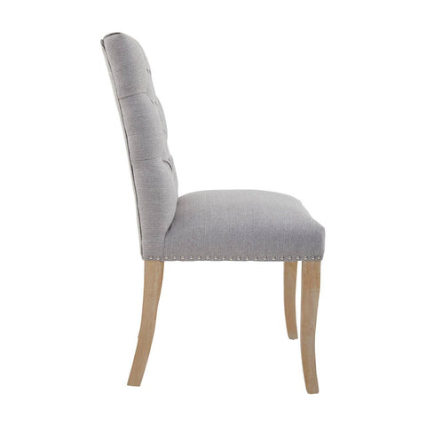Grey upholstered dining chair with wooden legs, side profile view