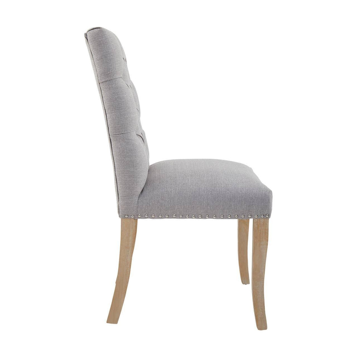 Grey upholstered dining chair with wooden legs, side profile view