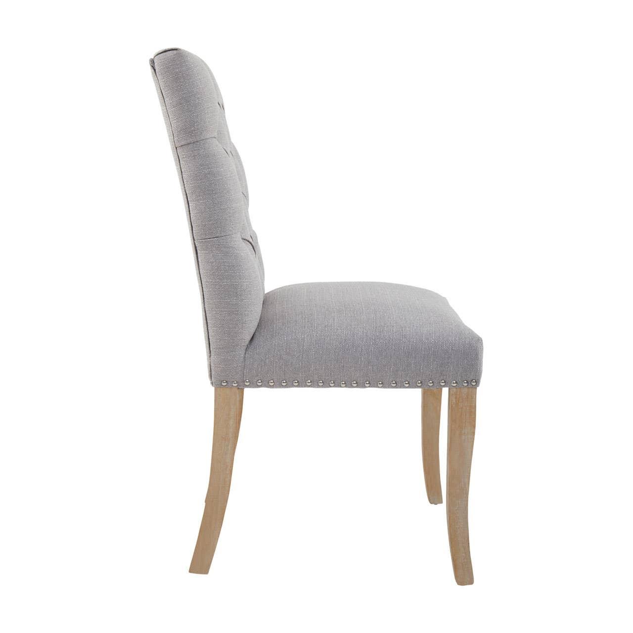 Grey upholstered dining chair with wooden legs, side profile view