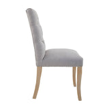 Grey upholstered dining chair with wooden legs, side profile view