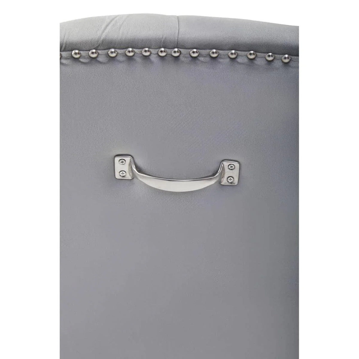Grey dining chair back with metal handle and decorative stud detailing