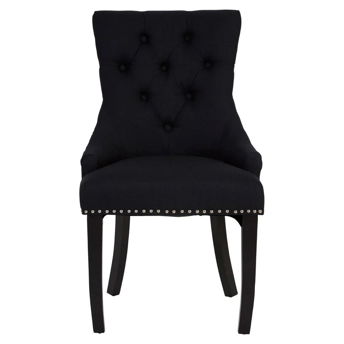 Black upholstered dining chair with tufted back and silver stud detailing, front view