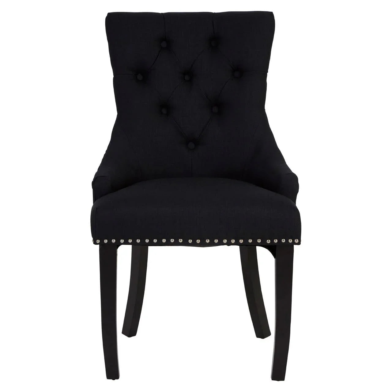 Black upholstered dining chair with tufted back and silver stud detailing, front view