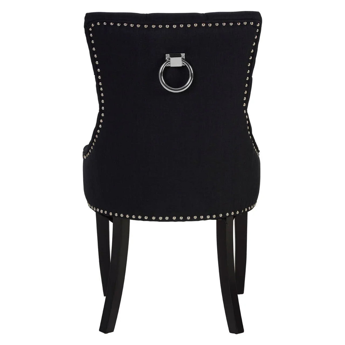 Black dining chair with chrome ring handle, silver stud trim, and dark wooden legs, rear view