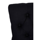 Closeup of black fabric headboard with deep button tufting