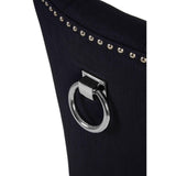 Black dining chair back with chrome ring handle and silver stud detail