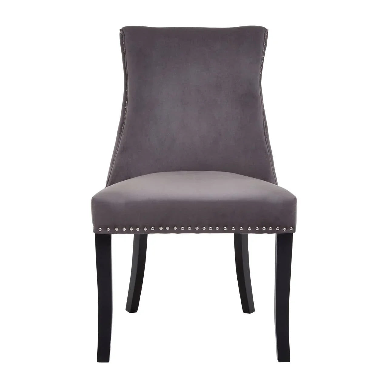 Grey velvet dining chair with studded trim and black wooden legs, front view