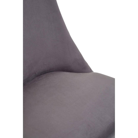 Close-up of grey upholstered dining chair seat and high backrest
