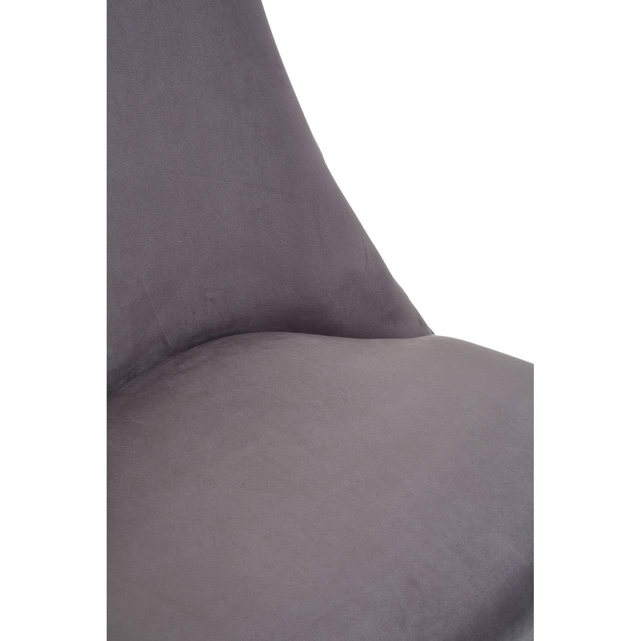 Close-up of grey upholstered dining chair seat and high backrest