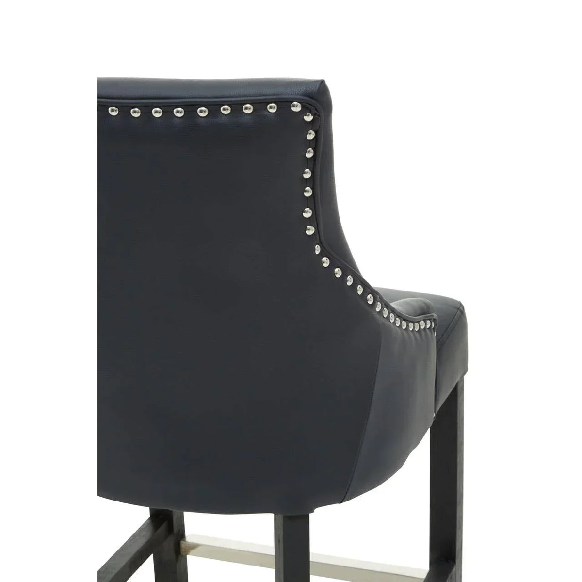 Navy leather bar stool with silver stud detailing and black wooden legs, rear angle view