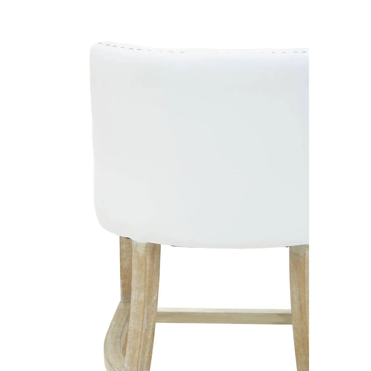 White bar stool with curved backrest and light wood legs, rear close-up view