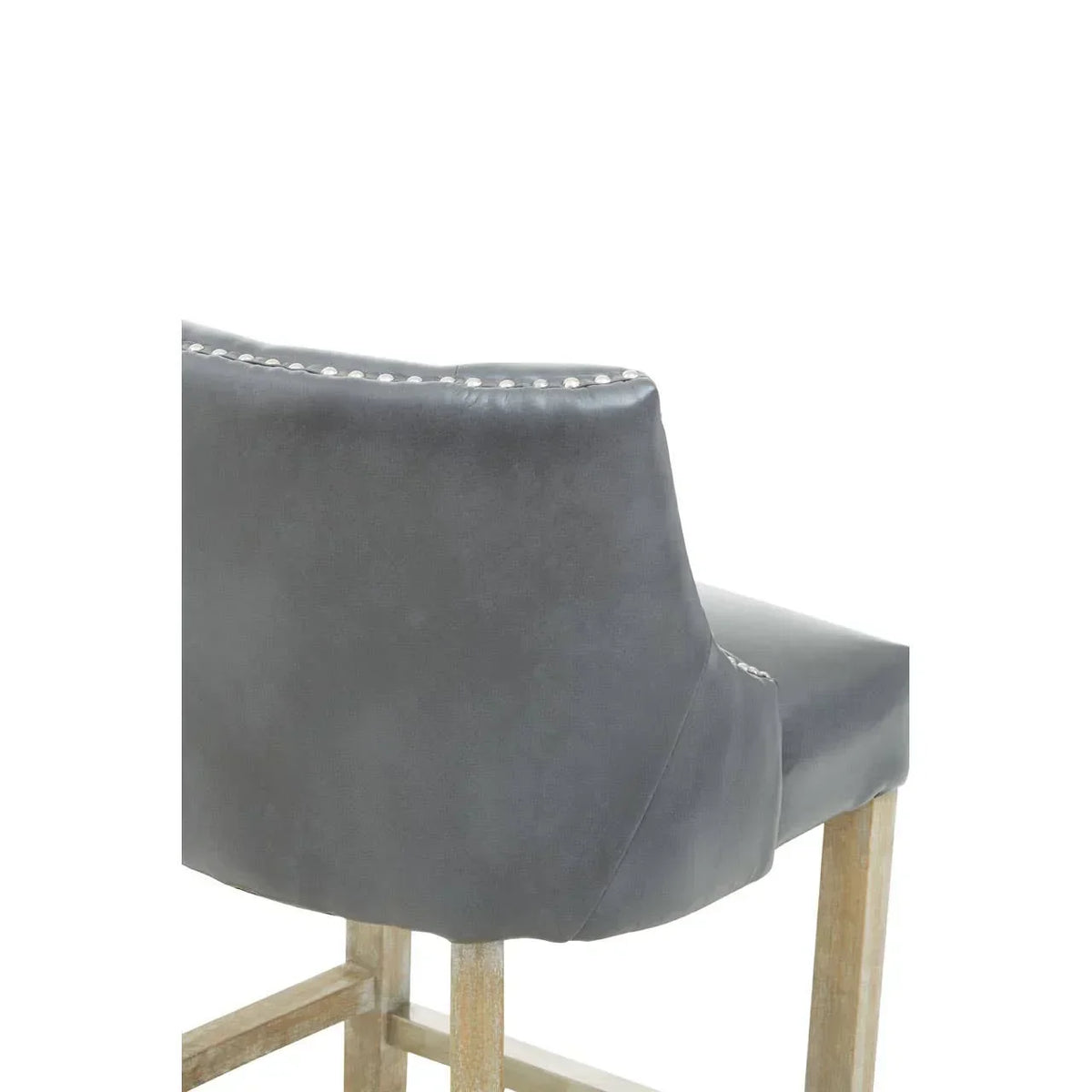 Grey leather bar stool with wooden legs and silver stud detailing on backrest