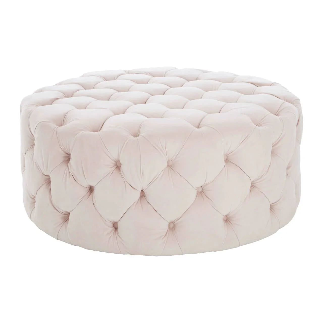 Round tufted ottoman upholstered in light pink velvet fabric