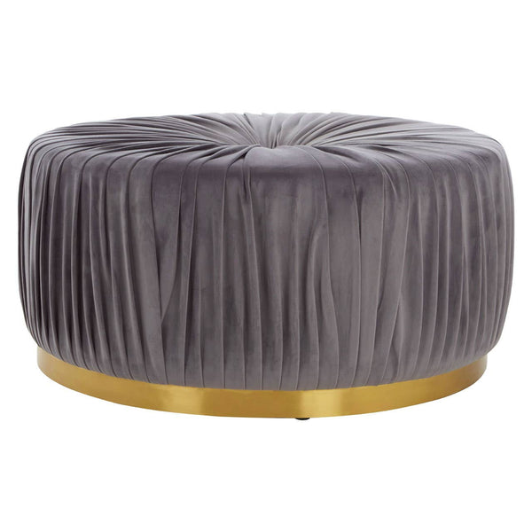 Round footstool upholstered in soft grey fabric with a pleated design, featuring a sleek gold base that adds a touch of elegance