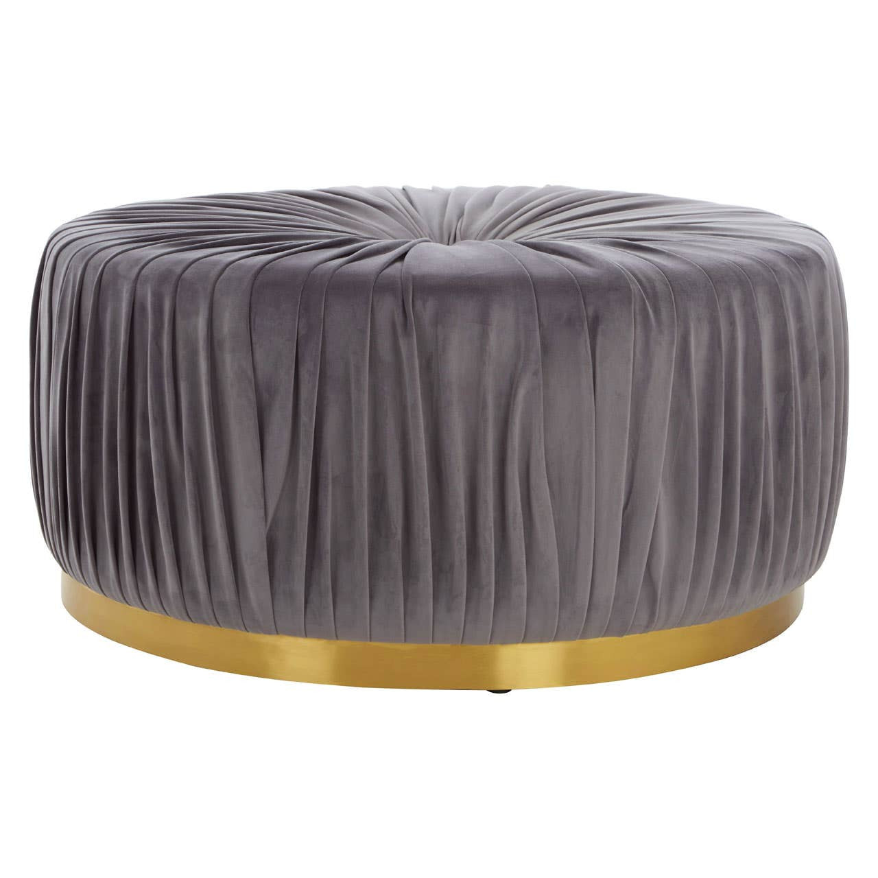 Round footstool upholstered in soft grey fabric with a pleated design, featuring a sleek gold base that adds a touch of elegance
