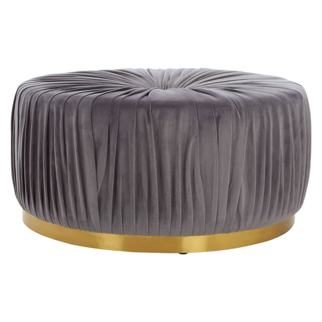 Round footstool upholstered in soft grey fabric with a pleated design, featuring a sleek gold base that adds a touch of elegance