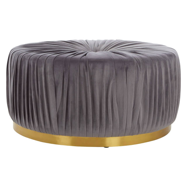 Round footstool upholstered in soft grey fabric with a pleated design, featuring a sleek gold base that adds a touch of elegance