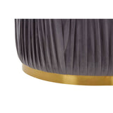 Round footstool with a textured grey fabric exterior featuring vertical pleats, complemented by a sleek gold base