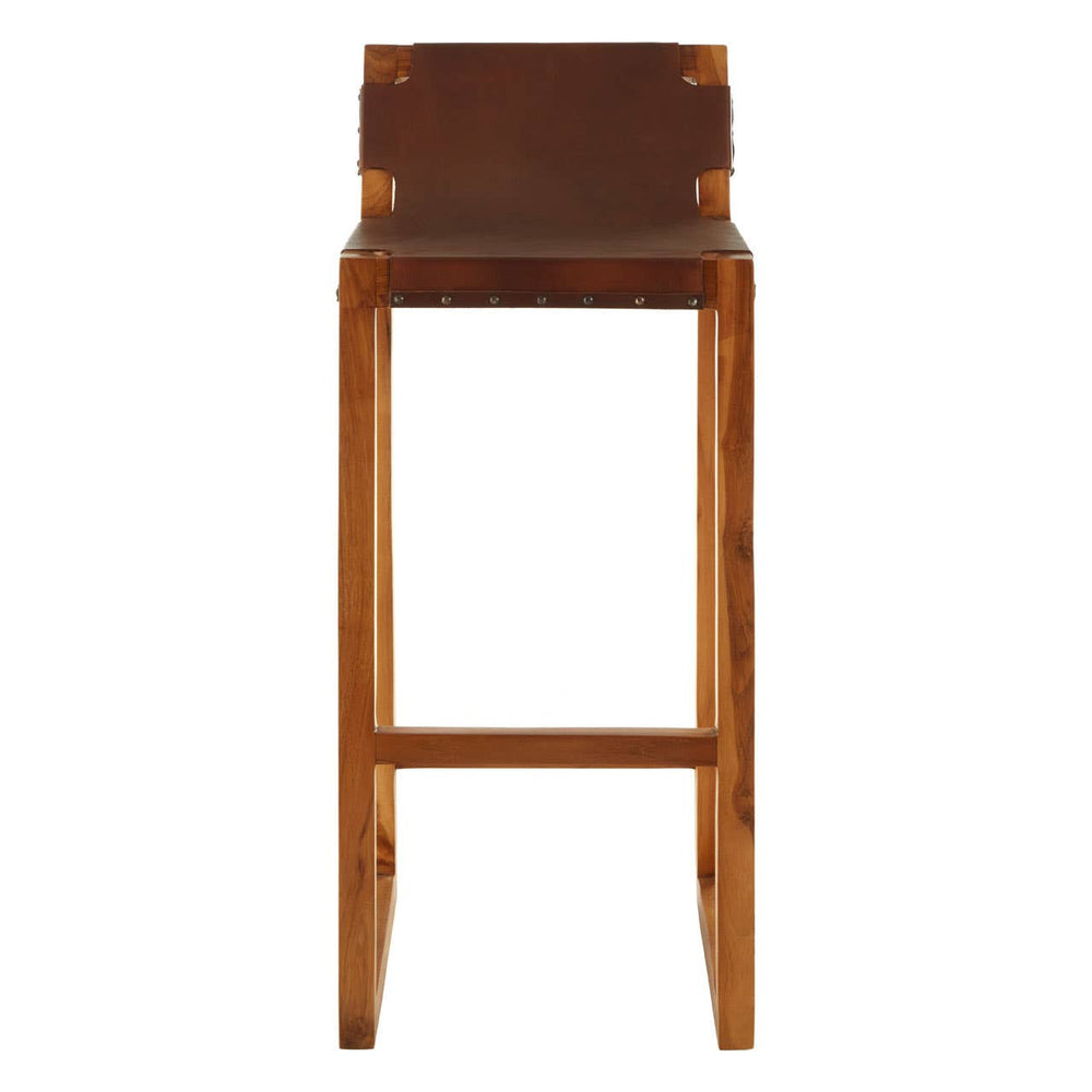 Brown leather bar chair featuring a sleek design with a teak wood frame. The chair has a high backrest and sturdy legs, showcasing a warm wood finish that complements the leather upholstery