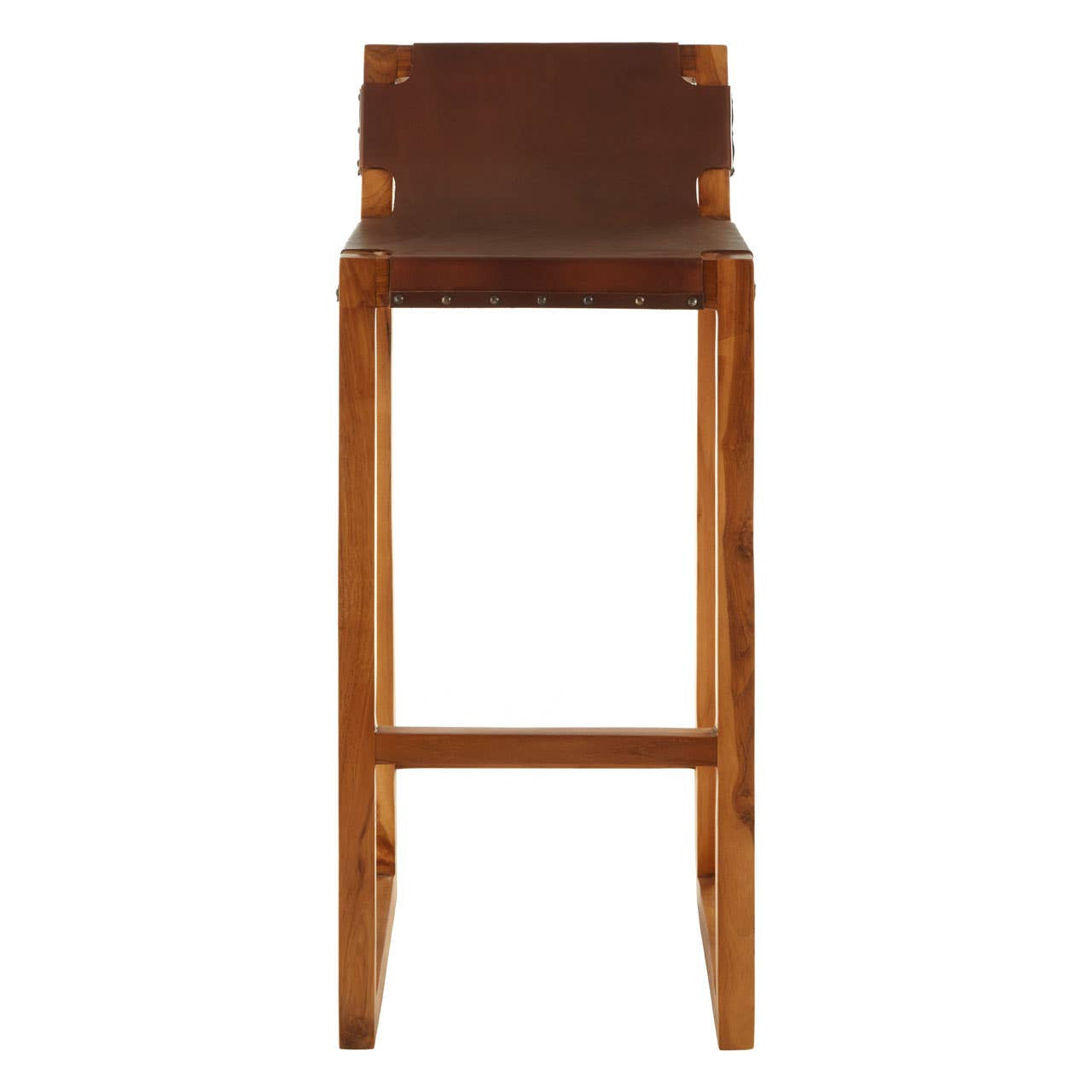 Brown leather bar chair featuring a sleek design with a teak wood frame. The chair has a high backrest and sturdy legs, showcasing a warm wood finish that complements the leather upholstery