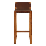 Brown leather bar chair featuring a sleek design with a teak wood frame. The chair has a high backrest and sturdy legs, showcasing a warm wood finish that complements the leather upholstery