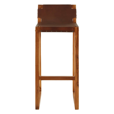 Brown leather bar chair featuring a sleek design with a teak wood frame. The chair has a high backrest and sturdy legs, showcasing a warm wood finish that complements the leather upholstery