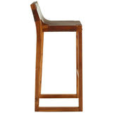 Brown leather bar chair with a sleek design, featuring a comfortable curved backrest and a sturdy teak wood frame. The chair stands tall with a minimalist profile, showcasing the rich wood grain and warm tones of the materials used