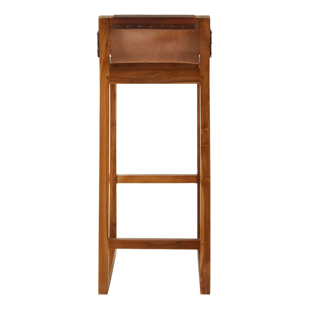 Brown leather bar chair featuring a sleek design with a teak wood frame. The chair has a high backrest and a comfortable seat, supported by sturdy legs. The wood has a warm, natural finish that complements the leather upholstery