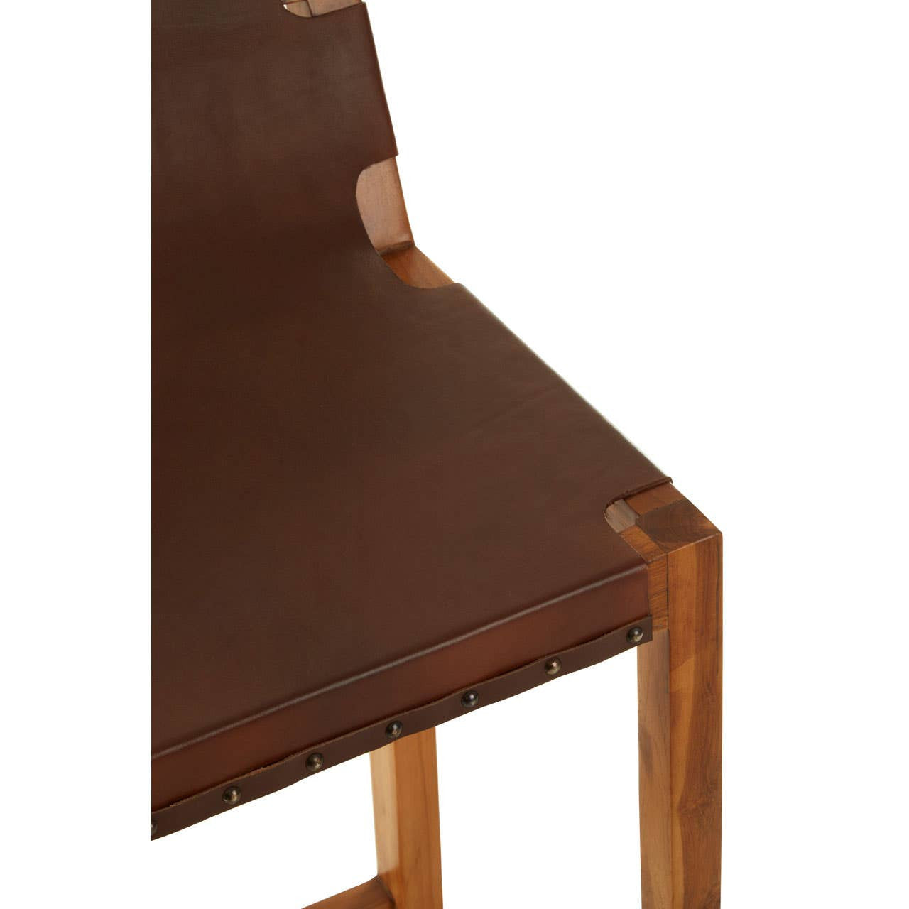 Brown leather bar chair featuring a sleek design with a sturdy teak wood frame. The chair has a minimalist style with visible wood joints and a comfortable seat
