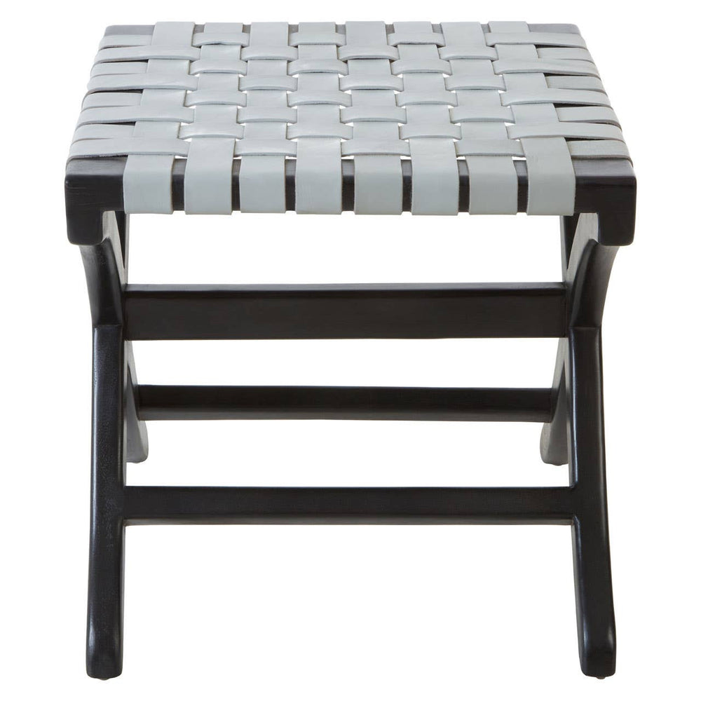 Woven grey leather seat with a black teak frame, featuring a sturdy, minimalist design and a rectangular shape, suitable for use as a stool or accent piece