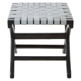 Woven grey leather seat with a black teak frame, featuring a sturdy, minimalist design and a rectangular shape, suitable for use as a stool or accent piece