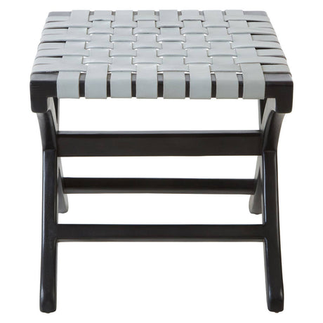 Woven grey leather seat with a black teak frame, featuring a sturdy, minimalist design and a rectangular shape, suitable for use as a stool or accent piece