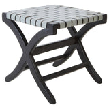 Woven grey leather seat with a striped pattern on a black teak frame, featuring an X-shaped base for stability