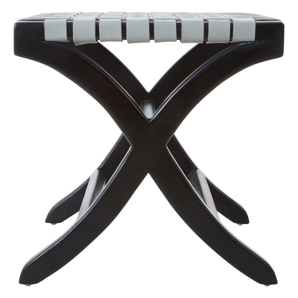 Woven grey leather seat with a black teak frame, featuring an X-shaped base and a minimalist design, suitable for home decor