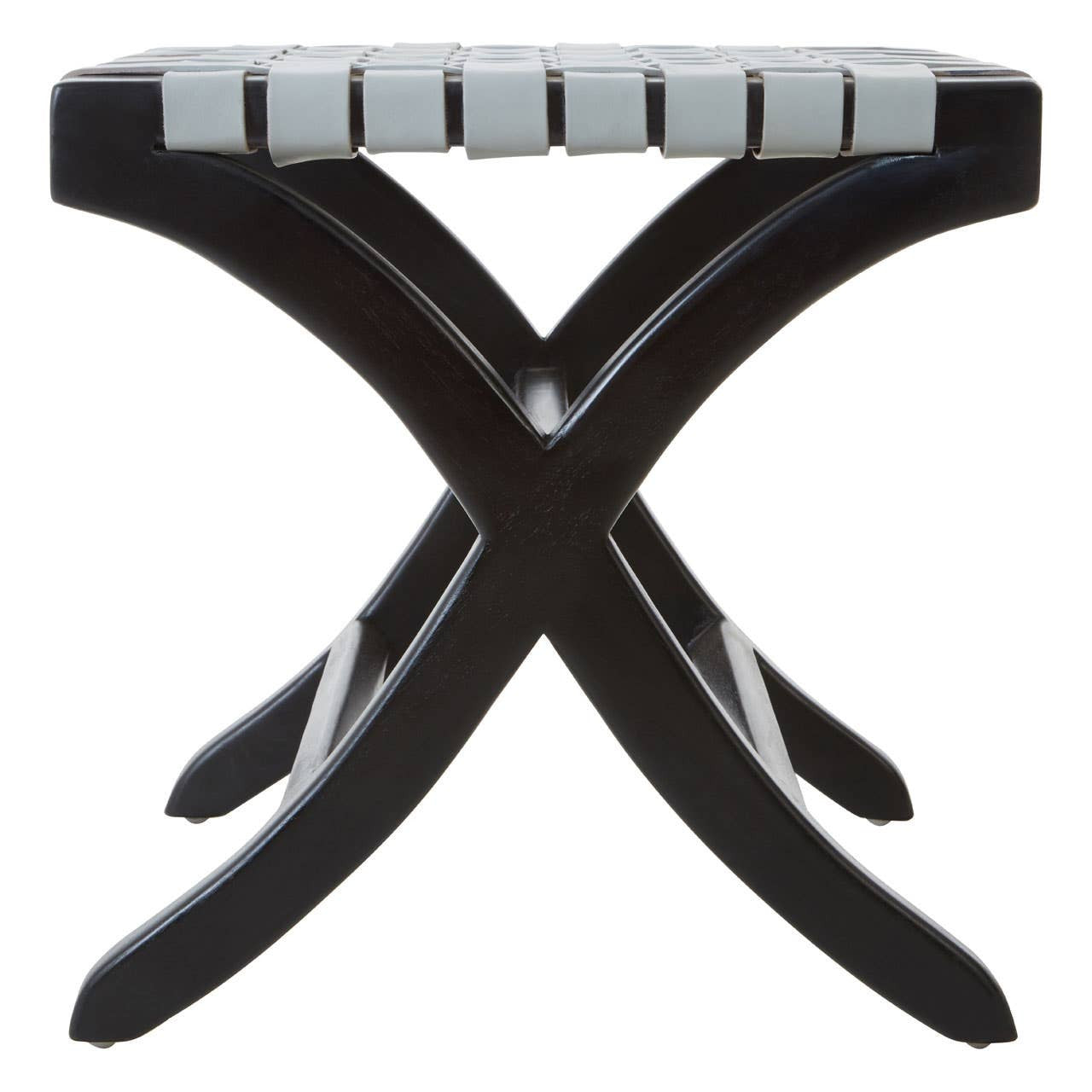 Woven grey leather seat with a black teak frame, featuring an X-shaped base and a minimalist design, suitable for home decor
