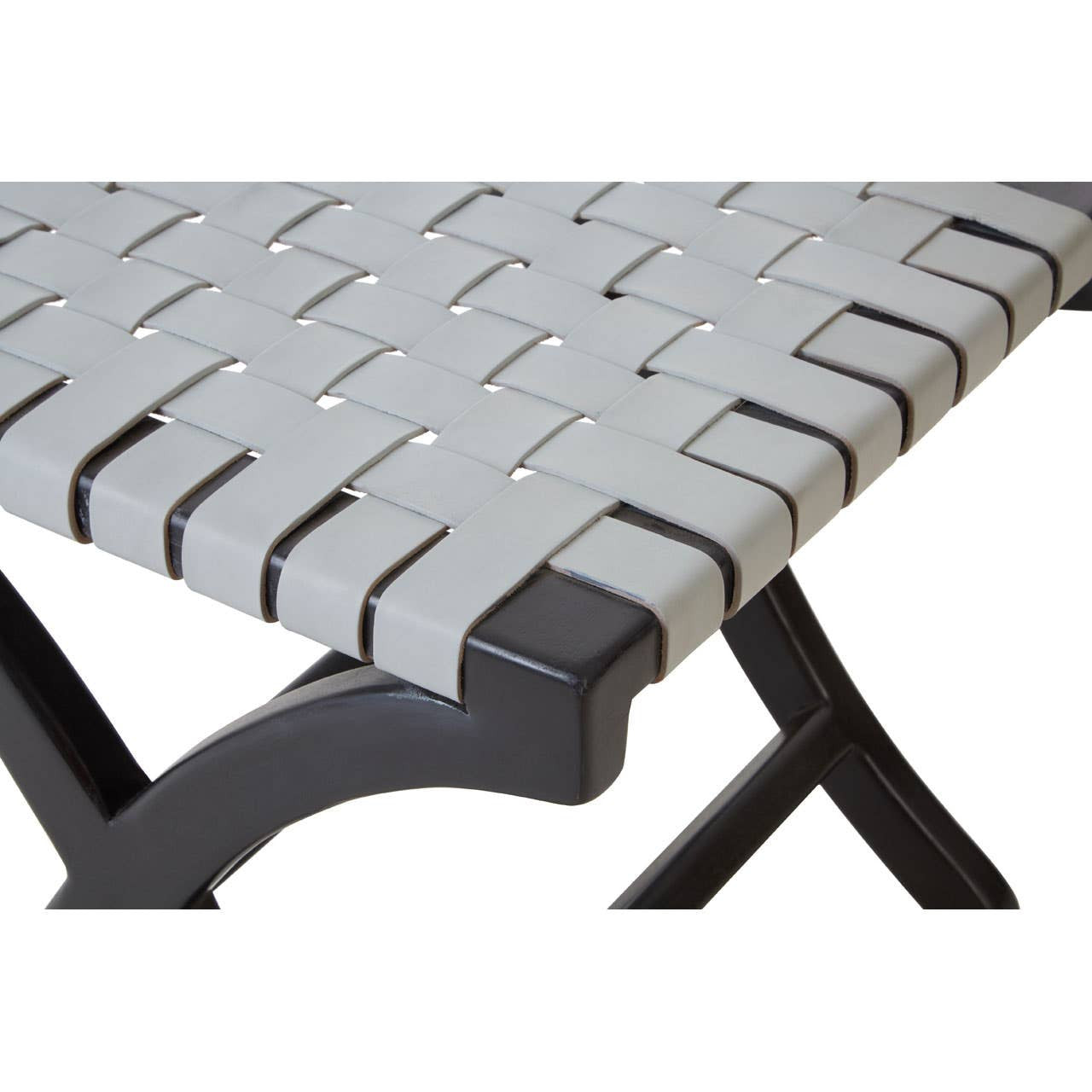 Woven grey leather seat with a crisscross pattern resting on a sturdy black teak frame, showcasing a modern and stylish design suitable for home decor