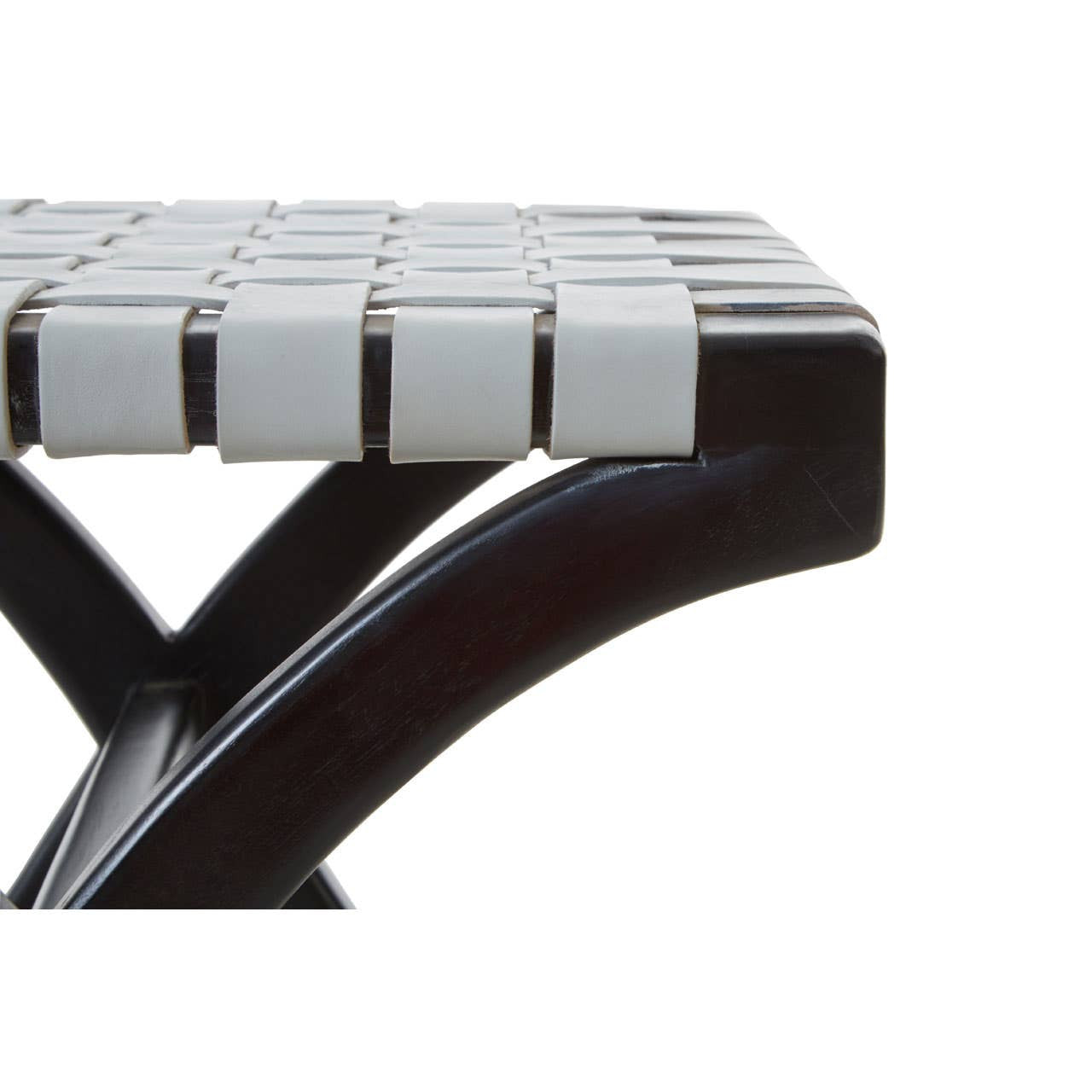 Woven grey leather seat with a grid pattern resting on a curved black teak base, showcasing smooth lines and a modern design
