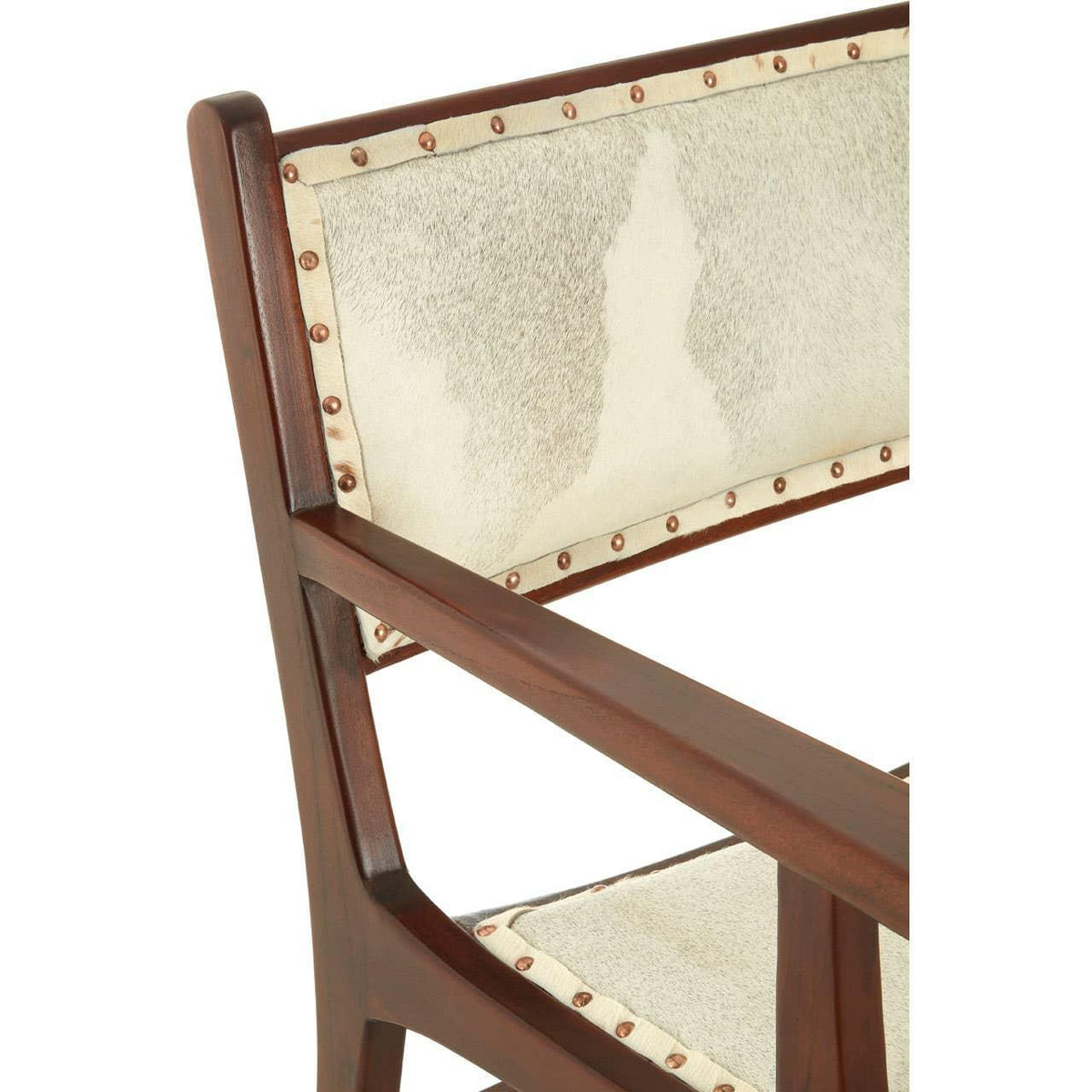 Wooden chair with cream cowhide upholstery and brass stud detailing on backrest and seat