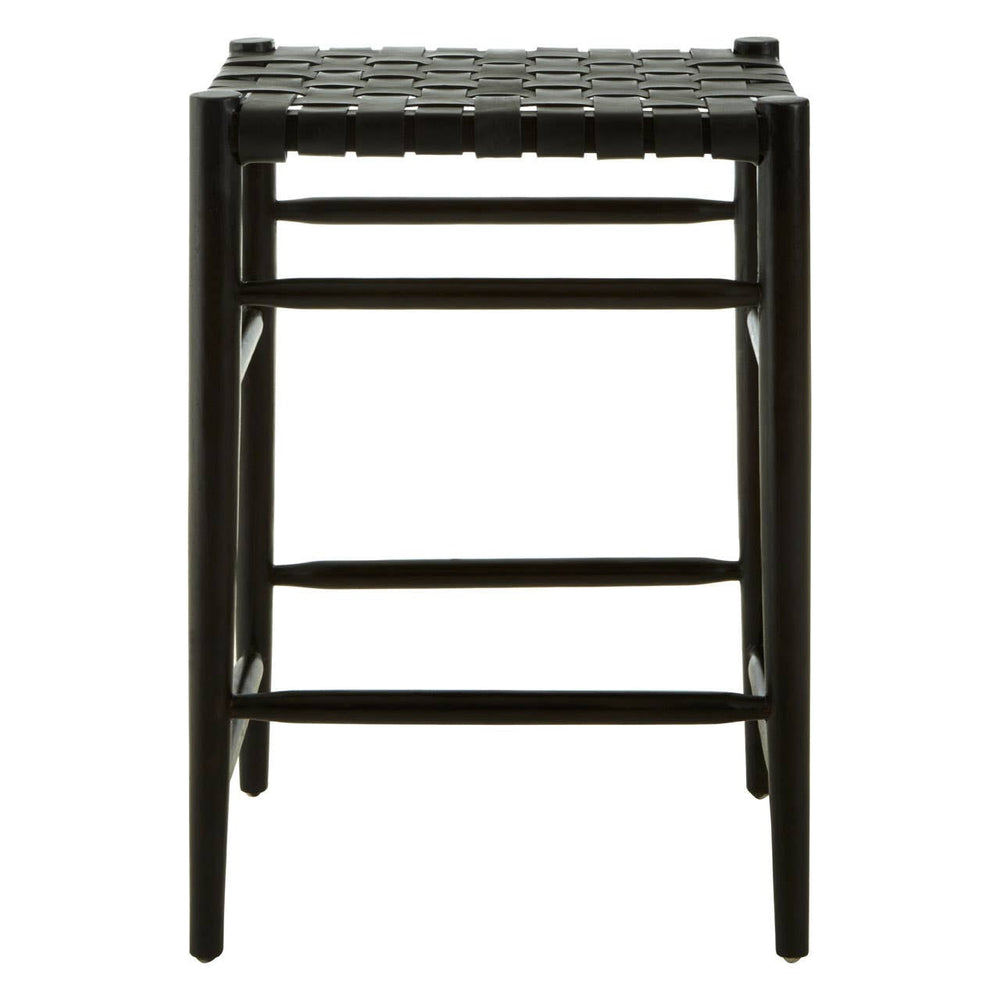 A black woven leather barstool featuring a sturdy frame with four legs and a footrest, showcasing a textured seat made of woven leather strips. The design is minimalist and modern, suitable for various home decor styles
