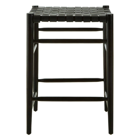 A black woven leather barstool featuring a sturdy frame with four legs and a footrest, showcasing a textured seat made of woven leather strips. The design is minimalist and modern, suitable for various home decor styles