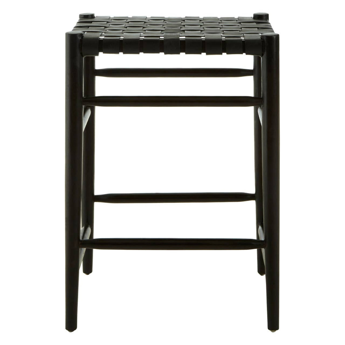 A black woven leather barstool featuring a sturdy frame with four legs and a footrest, showcasing a textured seat made of woven leather strips. The design is minimalist and modern, suitable for various home decor styles