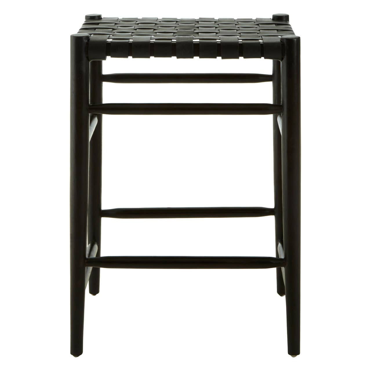 A black woven leather barstool featuring a sturdy frame with four legs and a footrest, showcasing a textured seat made of woven leather strips. The design is minimalist and modern, suitable for various home decor styles