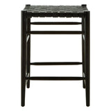 A black woven leather barstool featuring a sturdy frame with four legs and a footrest, showcasing a textured seat made of woven leather strips. The design is minimalist and modern, suitable for various home decor styles