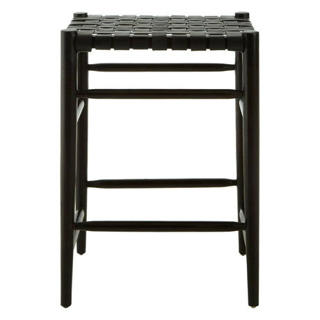 A black woven leather barstool featuring a sturdy frame with four legs and a footrest, showcasing a textured seat made of woven leather strips. The design is minimalist and modern, suitable for various home decor styles