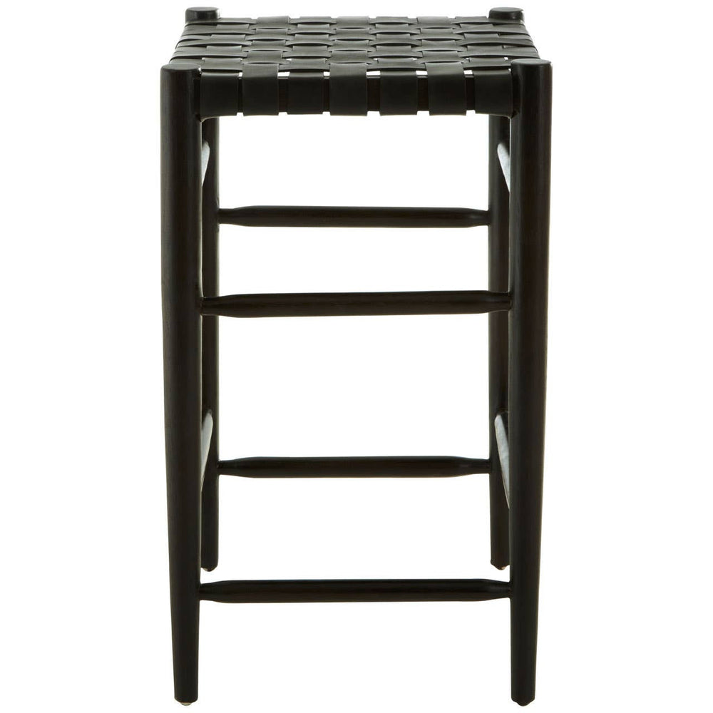 Black woven leather barstool with a sturdy frame, featuring a textured seat and four legs, designed for bar height seating