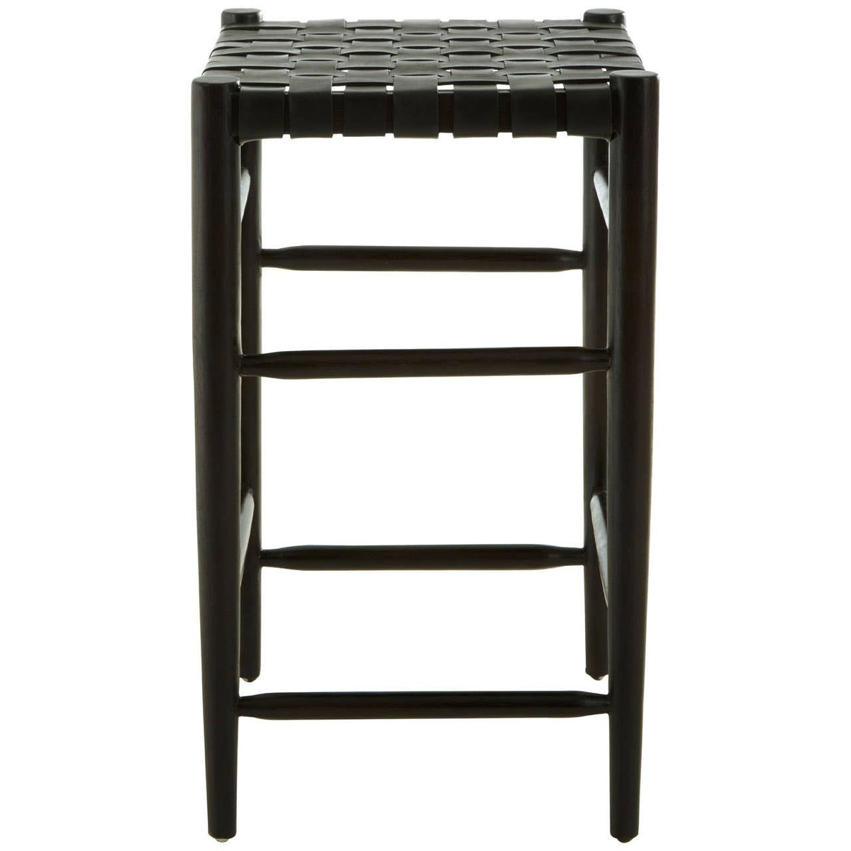Black woven leather barstool with a sturdy frame, featuring a textured seat and four legs, designed for bar height seating