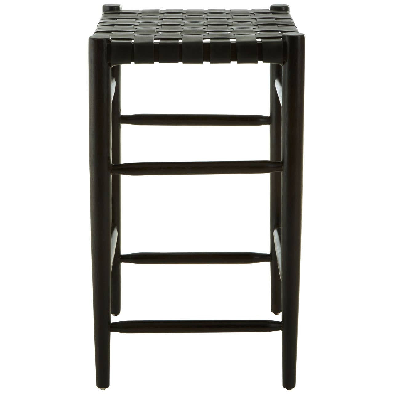 Black woven leather barstool with a sturdy frame, featuring a textured seat and four legs, designed for bar height seating